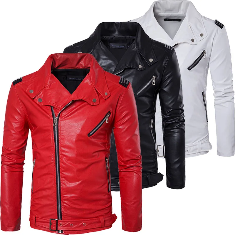 Мужская байкерская куртка из мягкой искусственной кожи белая красная