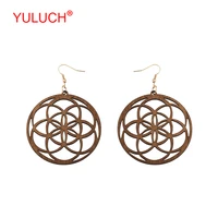 yuluch african women jewelry accessories ethnic natural wooden round hollow out lucky halo pendant pop earrings party gifts