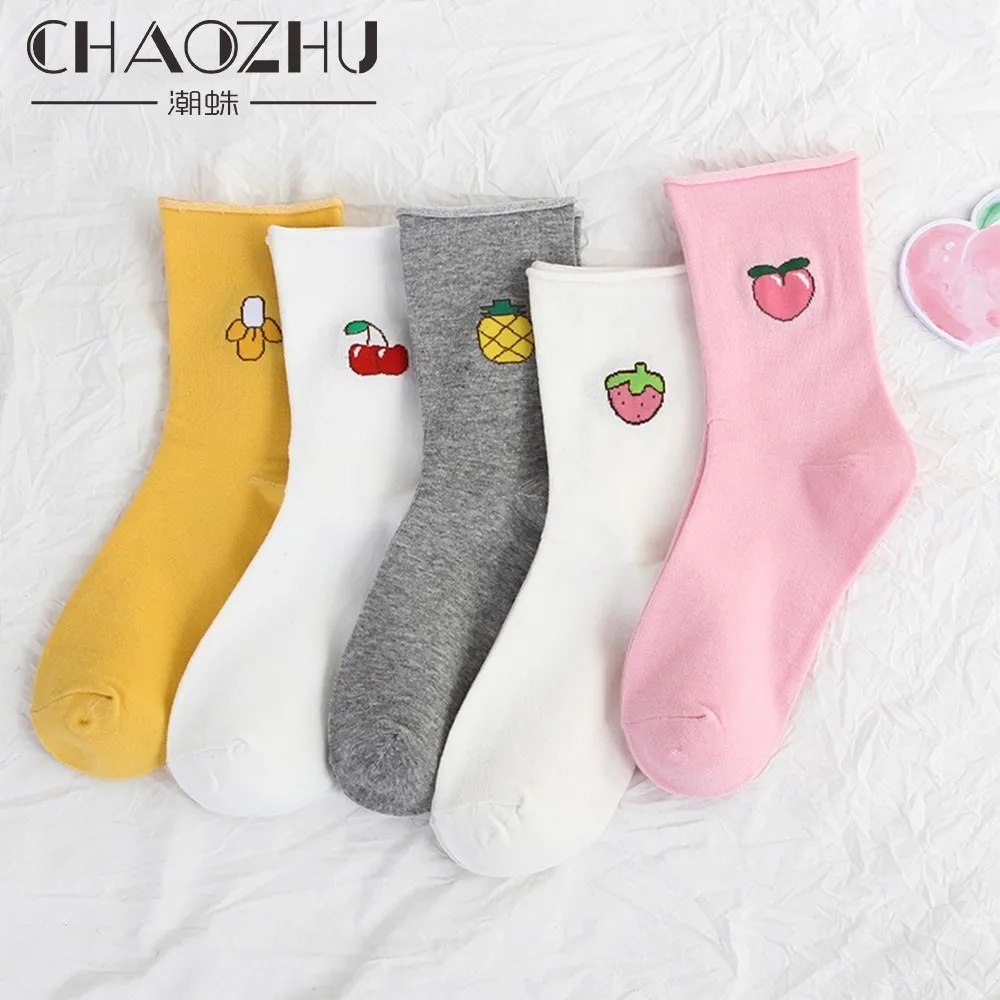 CHAOZHU, женские носки, Мультяшные фрукты, милые, каваи, свободный верх, хлопок, трикотаж, мягкий, персик/банан/носки с вишней, для повседневной женщины