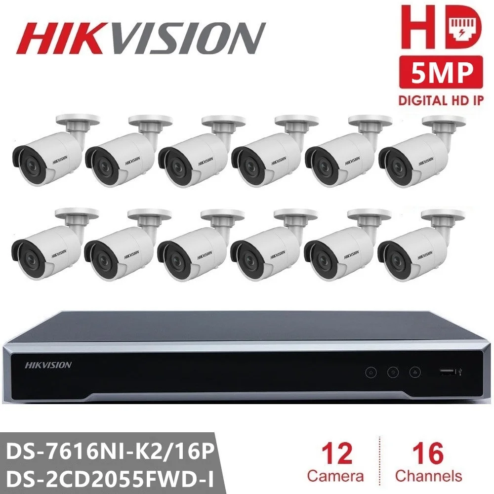 

Комплекты камер видеонаблюдения Hikvision, 16 каналов, 16POE, NVR +, IP-камера безопасности DS-2CD2055FWD-I, 5 МП, сверхнизсветильник ность, для улицы