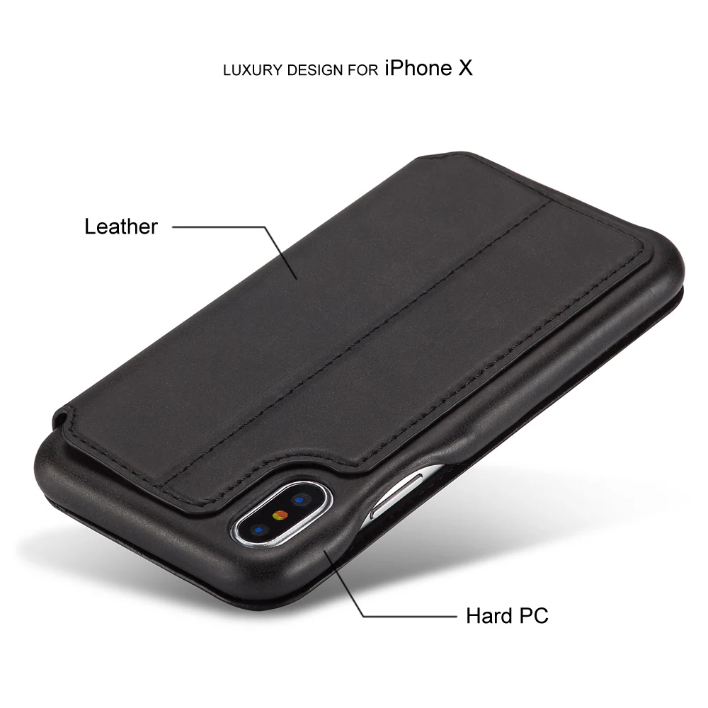Чехол для iPhone X Мода черный кожа флип ударопрочный кошелек телефон сумка с