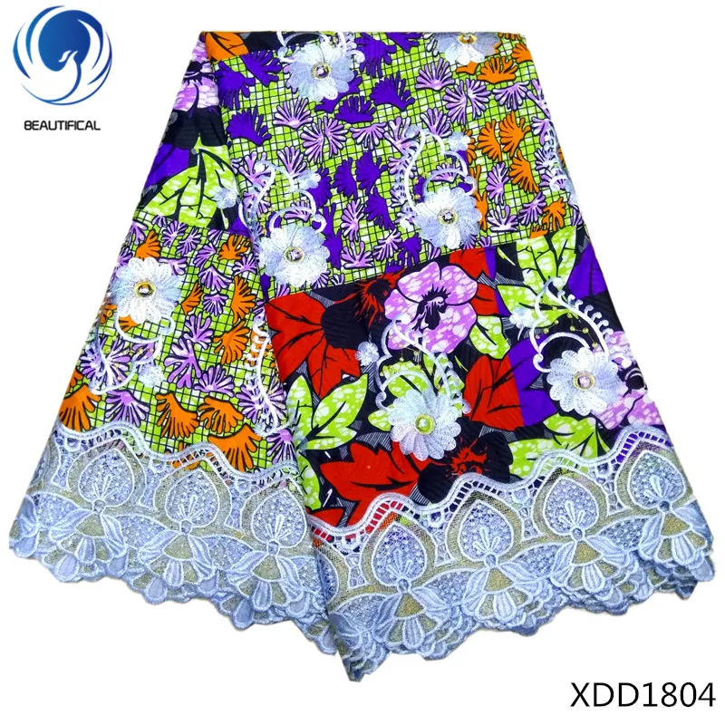 

BEAUTIFICAL Afican lace fabrics Fashion multicolor printing cotton wax mix gupure lace with embroidery stones lace wax XDD18