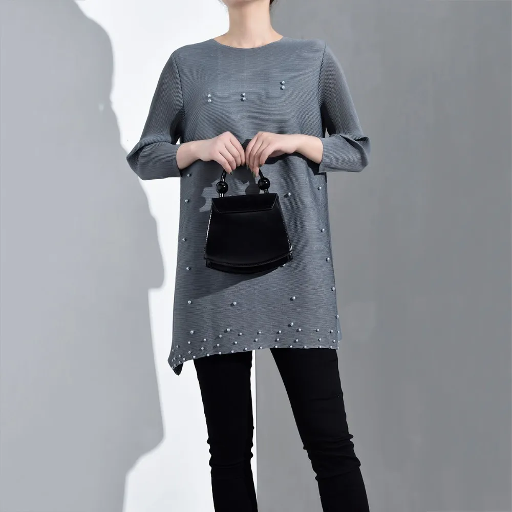 LANMREM Новая модная женская рубашка с длинными рукавами женские толстовки Vestido с круглым вырезом с длинными рукавами плиссированная рубашка с жемчугом NA94806