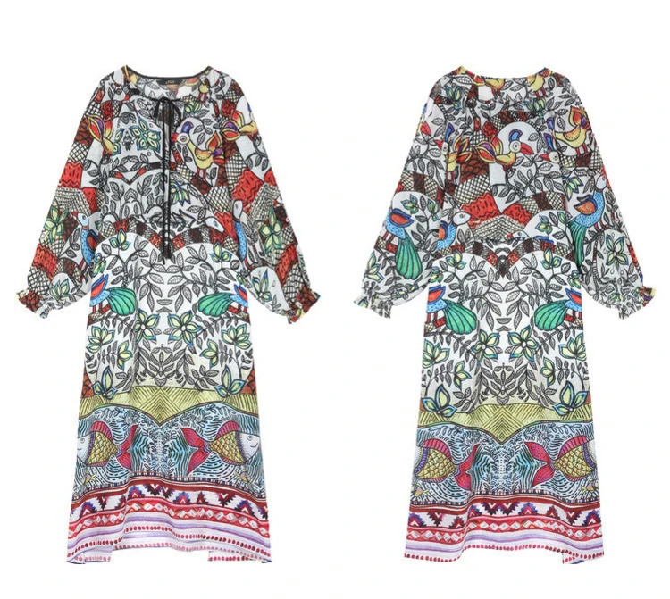 ELFSACK Vintage Floral Print Women Chiffon Dresses Fashion A-Line Full Sleeve Lace up Female Holiday Dress Elegant Dress