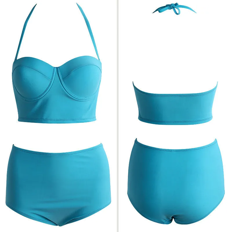 Женский однотонный купальник с завышенной талией батальных размеров|swimsuit