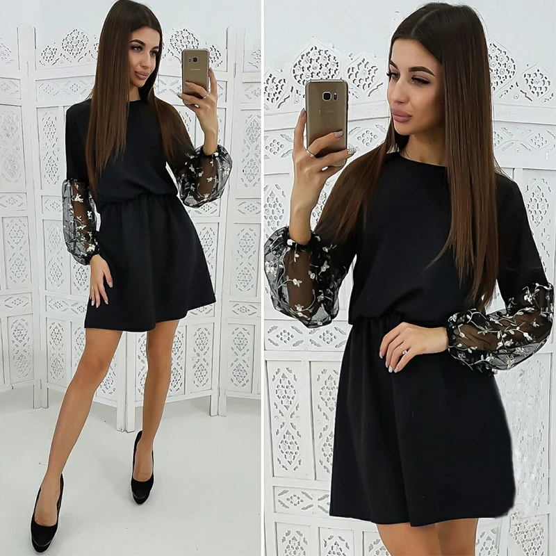 2019 женское Сетчатое платье с вышивкой длинным рукавом круглым вырезом