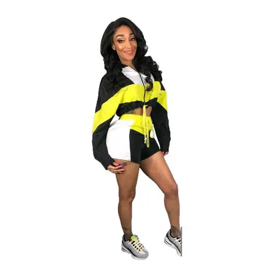 2019 spring and summer hot sale patchwork color casual sexy long sleeve shorts set | Тематическая одежда и униформа