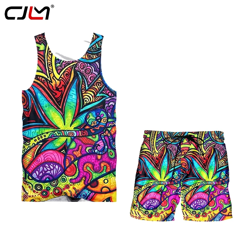 

CJLM разноцветная футболка с листочками, 3D красочные геометрические мужские футболки, полный жилет с принтом Шорты, костюм для мужчин