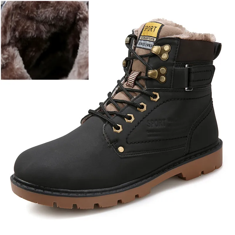 Black fur boots JKPUDUN/Теплые Зимние ботильоны; мужская повседневная обувь на шнуровке; сезон осень; кожаные водонепроницаемые рабочие Мужские ботинки в стиле милитари; Botas - Цвет: Black fur boots