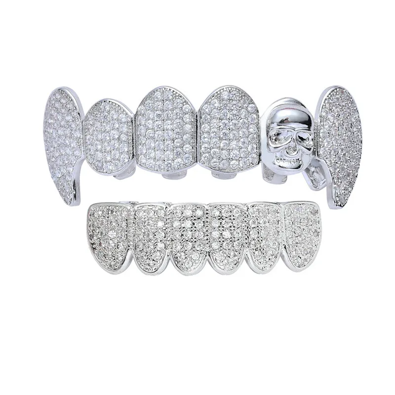 Имитация родиевого покрытия Череп зубы Grillz Iced Out AAA циркон Топ и низ зуб набор для мужчин женщин Мода зуб Grillz хип хоп ювелирные изделия - Окраска металла: Имитация родиевого покрытия