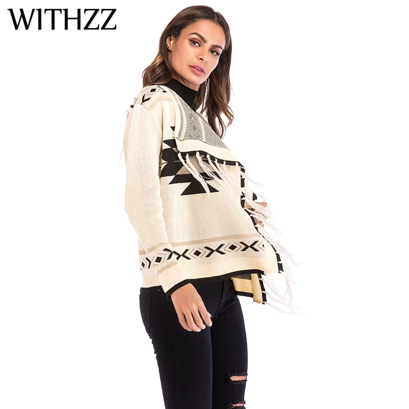 Женский трикотажный кардиган с геометрическим узором и кисточками WITHZZ осенне