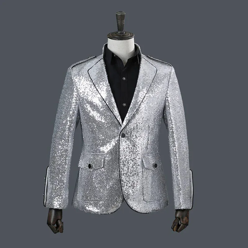 

2018 England Style Sliver Sequins Long Sleeve Stage Singers Suit Jacket Slim Groom Wedding Mens Suits Party Stage Costumes