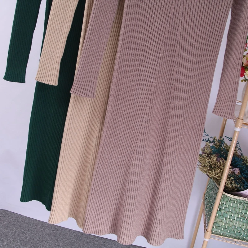 ONLYSVTER Women Autumn Winter Sweater Knitted Dress Thick Warm Knee-length Dress Rib Slim Female Dress