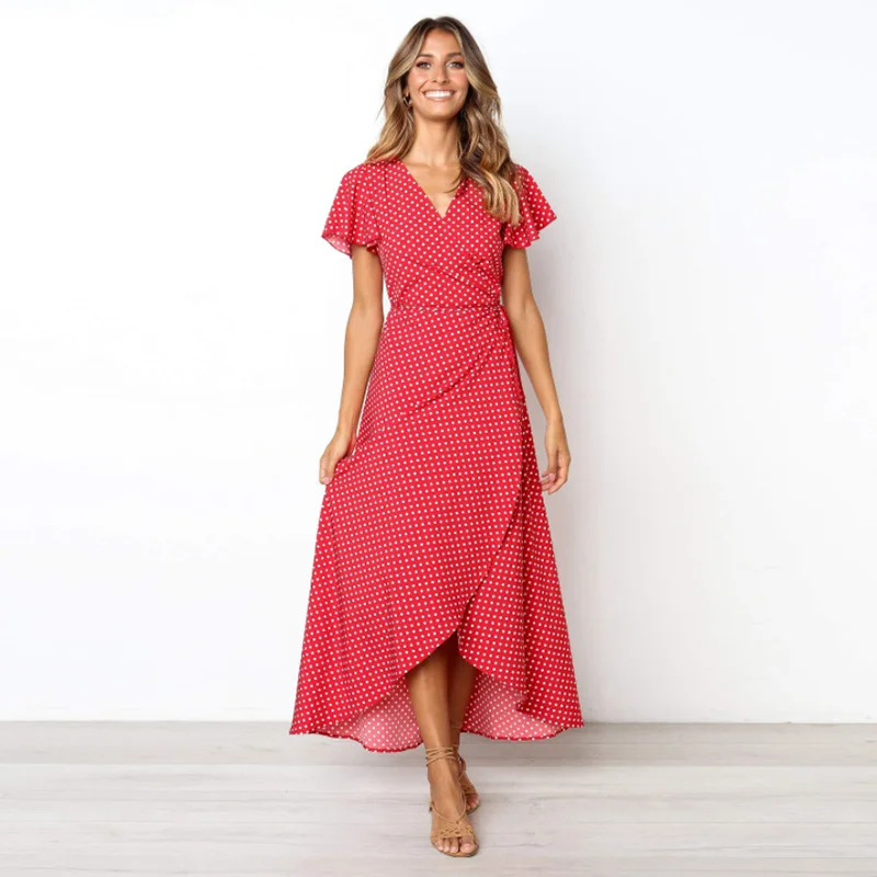 Женское платье в горошек летнее Бандажное с коротким рукавом и высокой талией