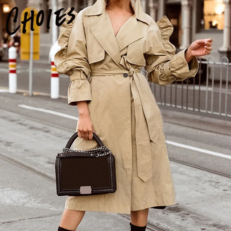 Хаки хлопок нагрудные оборкой галстук талии с длинным рукавом удлиненный Тренч