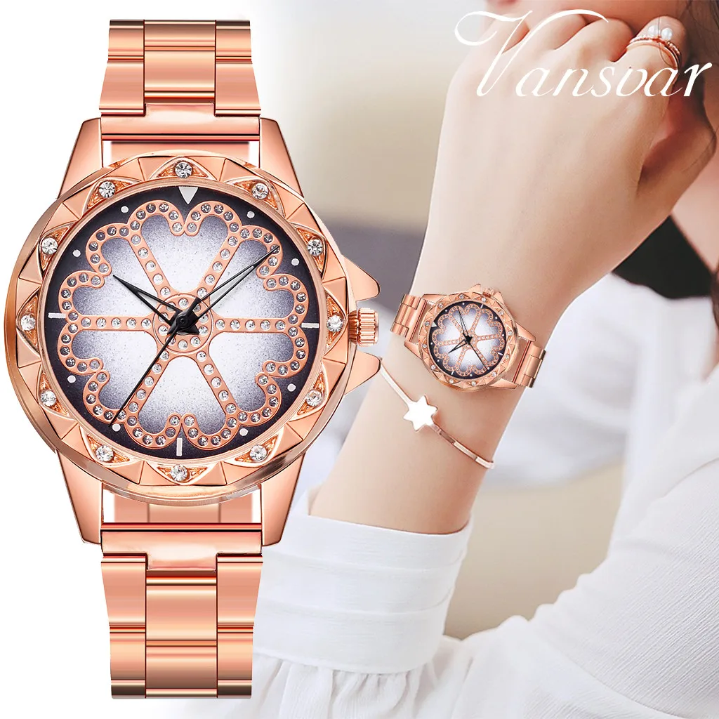 vansvar Casual Quartz Stainless Steel Band Women Lucky Flower Rhinestone Watch relogio feminino watches dress bracelet fashion | Наручные