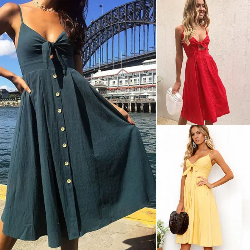 Женское пляжное платье на бретелях Однотонный сарафан средней длины спагетти