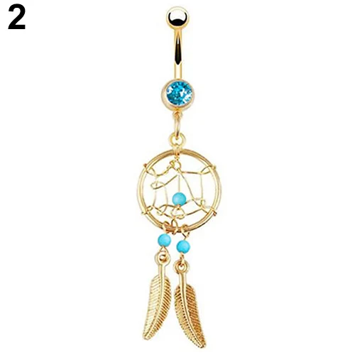 Золото тон Ловец снов перо Стразы бусины пупка кольцо Штанга 7HH6|belly button navel ring|navel