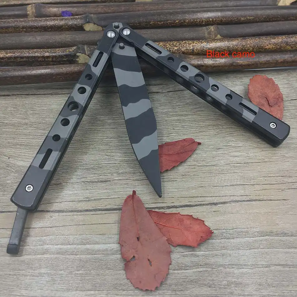 black camo Титановый Радужный нож 5Cr13Mov из нержавеющей стали, тренировочный нож-бабочка, игровой нож, тупой инструмент, без края - Цвет: black camo