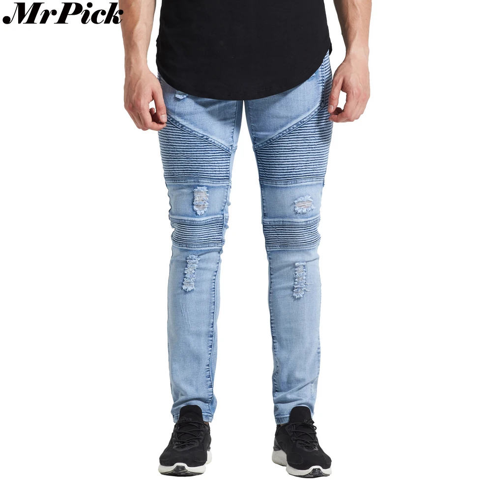MrPick, новинка, мужские рваные джинсы с потертостями, байкерские джинсы,, городской стиль, 5 стилей, обтягивающие джинсы-карандаш с дырками, Стрейчевые джинсы