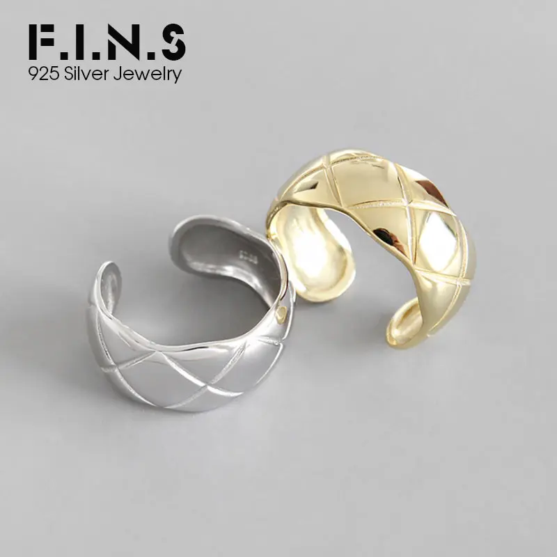 F.I.N.S 925 пробы серебряные кольца для женщин простой: золото, серебро, широкий ромб решетки открытый палец кольцо женское серебро 925 ювелирные изделия