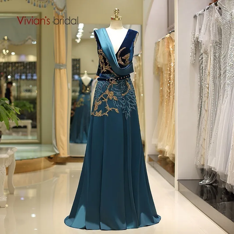 Vivian's Bridal, сексуальное мягкое сатиновое длинное вечернее платье с глубоким v-образным вырезом, без рукавов, с блестками, с бисером, с принтом, с поясом, с лентами, торжественное платье - Цвет: blue