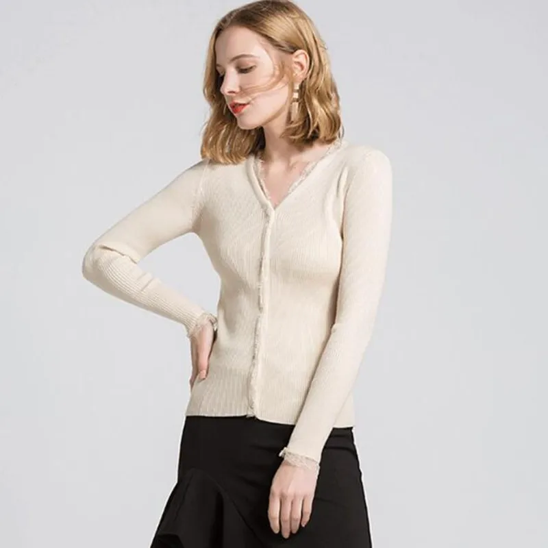 GIGOGOU Spring Autumn Open Women Cardigans 2019 Sexy V Neck Sweater Coat Long Sleeve Slim Solid Lace Hitz Air Jacket |