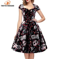 halloween skull print gothic dress women vintage square collar wrapped chest plus size 4xl swing rockabilly pin up retro dresses
