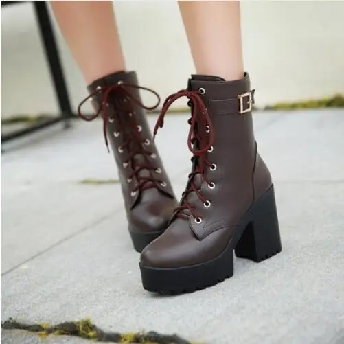 IPCCM Brand 2018 High Heels Boots Platform Sexy Lace-up Square Heel Mid-calf Motorcycle Ankle Size 35-43 | Обувь
