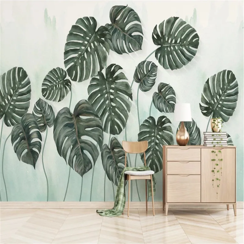 Home Improvement Green Leaf Mural Hand-painted Plant Watercolor Wallpapers for Living Room Bedroom Walls Decor Wall Paper 3D |