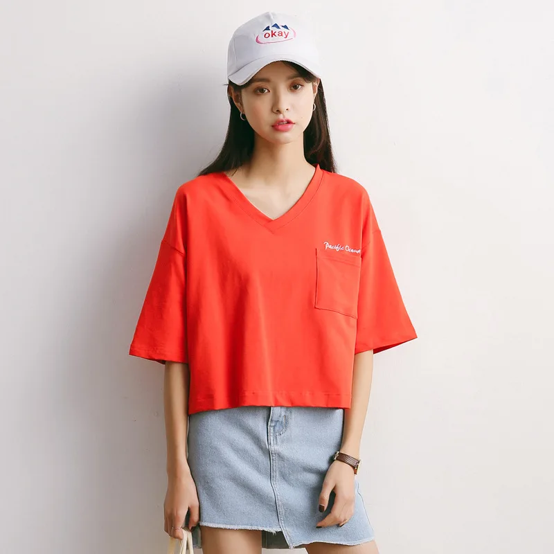 summer t-shirts loose V-neck letter embroidery cotton t-shirt women short-sleeve black white and orange crop top A595 | Женская одежда