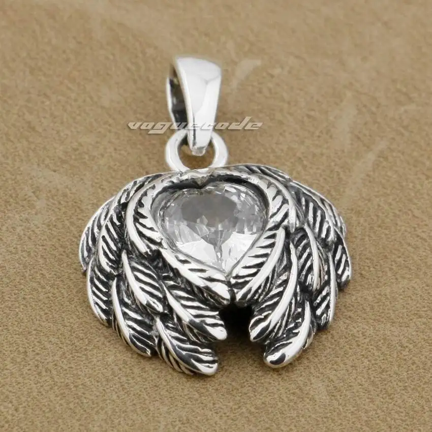 

LINSION 925 Sterling Silver White CZ Stone Feather Heart Fashion Charms Pendant 9H026 JP