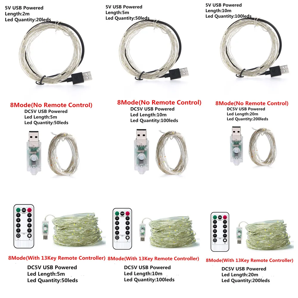 USB 8 Modes 10M 100 LED String Light Christmas Waterproof Copper Wire LED String Fairy Light Battery Powered Remote Control