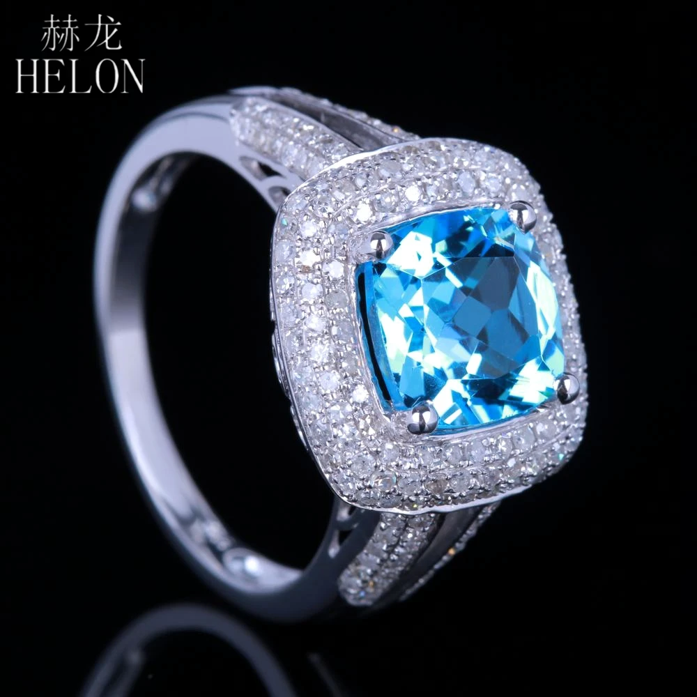 HELON Real 14K(AU585) белое золото сертифицированная Подушка 2.9ct Природный Голубой топаз Алмазы обручальные свадебные кольца вечерние ювелирные изделия