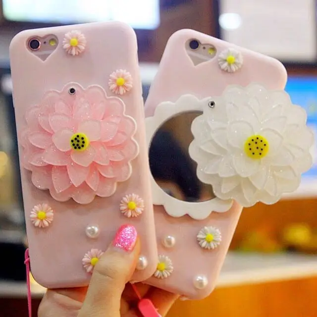 3D Flowers Cartoon Cat Makeup Mirror Mobile Shell Gift Send Phone with Pin Pack for iPhone 6 6s 7 8 Plus X XS Max Xr |
