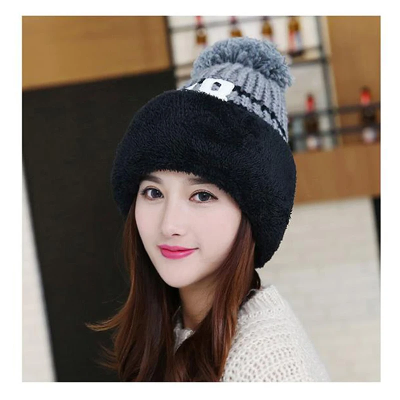 

Fashion Winter Plus Velvet Knit Hats Neck Warmer Thicken Fur Pom Pom Cap Skullies & Beanie Hat For Women Girls Drop Shipping