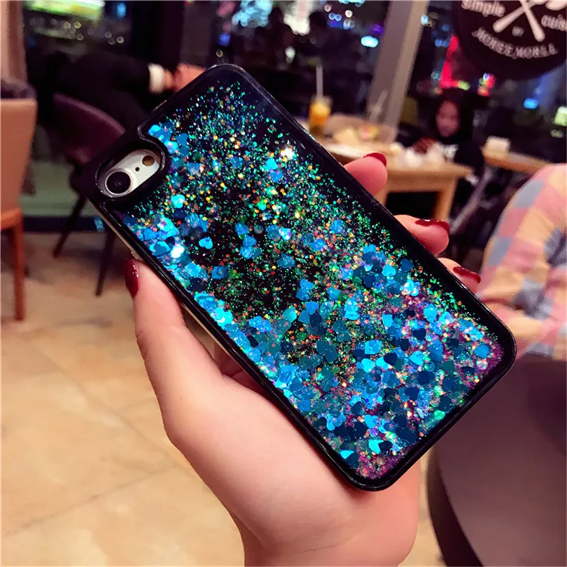 For iPhone 6 6S 7 8 Plus Case Glitter Bling Liquid Love Heart Quicksand Black for X XR XS MAX Soft Silicon |