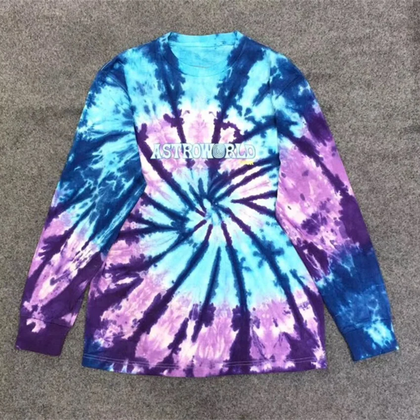 Новая ASTROWORLD Трэвиса Скотта TIE DYE футболка с длинным рукавом для мужчин и женщин 1:1 лучшее качество мода Casaul ASTROWORLD футболки