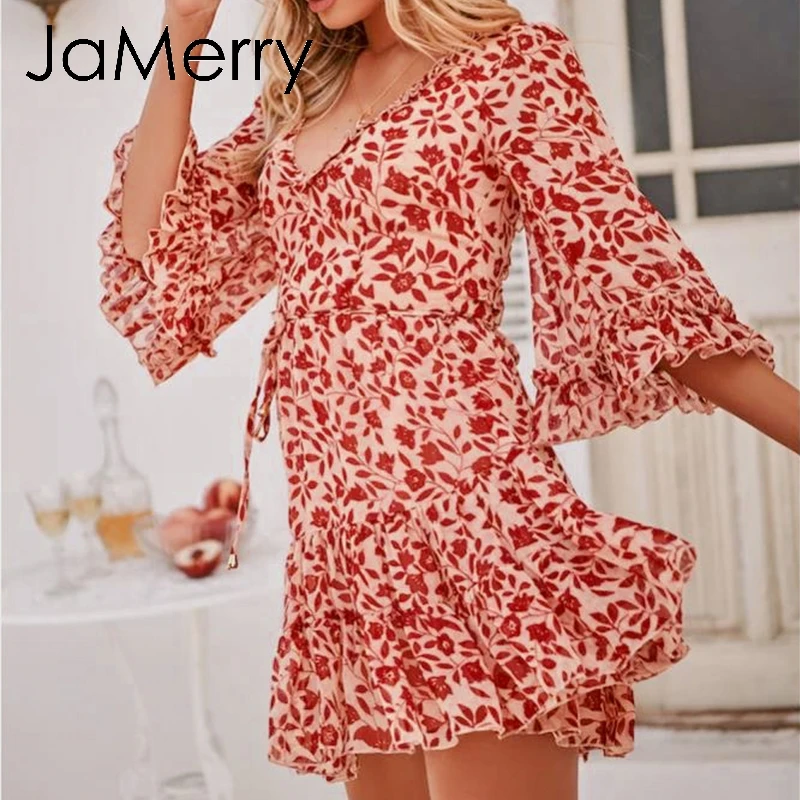 JaMerry винтажное boho мини платье в сборку женское с расклешенными рукавами летнее
