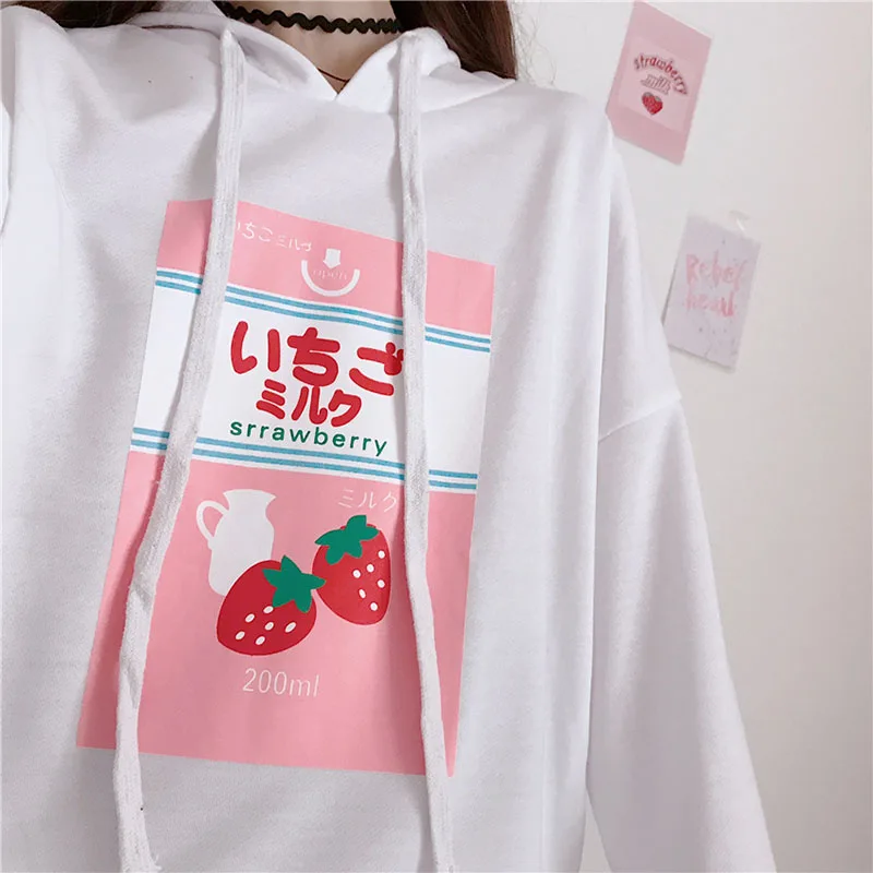 

Harajuku Kawaii Long Sleeve Hoodies Women Winter 2021 Y2K Strawberry Print Hoodie Sweatshirts Schoolgirl Clothes