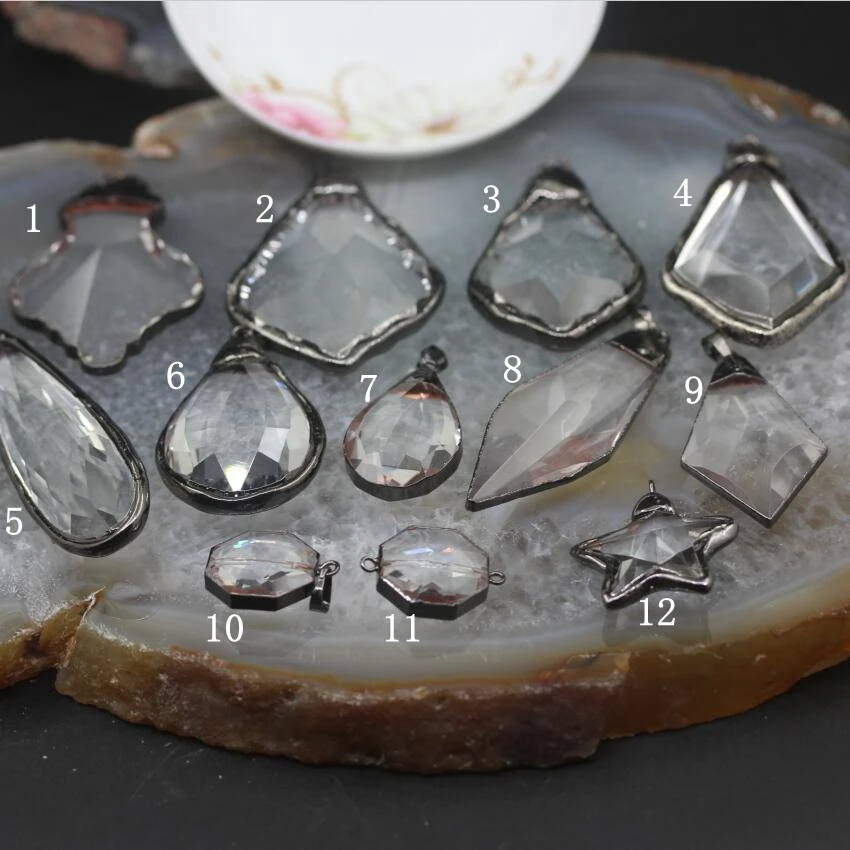 

5PCS/Lot 12 Shape Choice,Bezel Glass Gunmetal Plating Edged Pendants Earrings,Faceted Clear Glass Necklace Connectors Charms