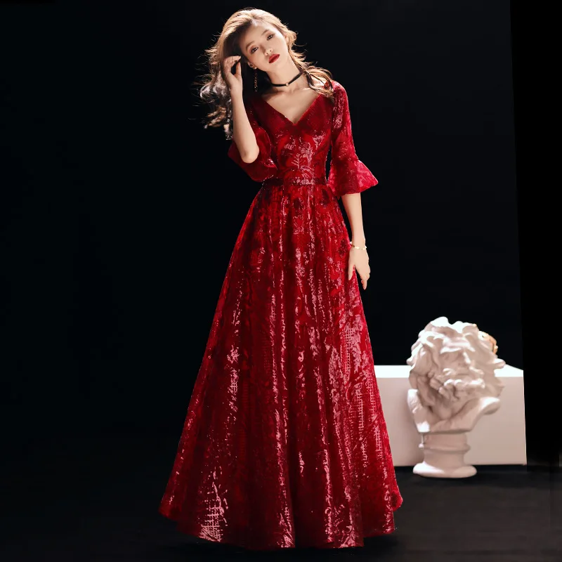 wine red v-neck Вечерние платья Элегантные водолазки It's YiiYa, вечернее платье Простые кружевные, блестками длиной до пола, А-линии на молнии назад, Вечернее платье, E395,Лето - Цвет: wine red v-neck
