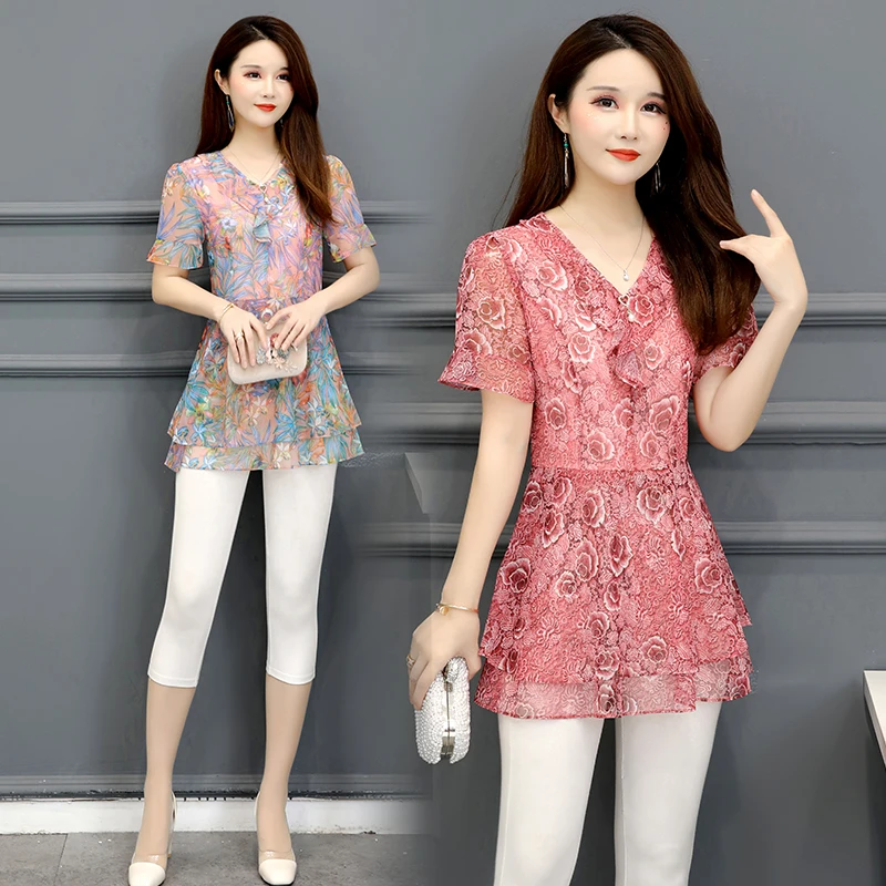 Chiffon Blouse Shirts Women Summer Flare Sleeve Cute Sweet Office Lady Work Floral Printed Tunic Peplum Top J36 | Женская одежда