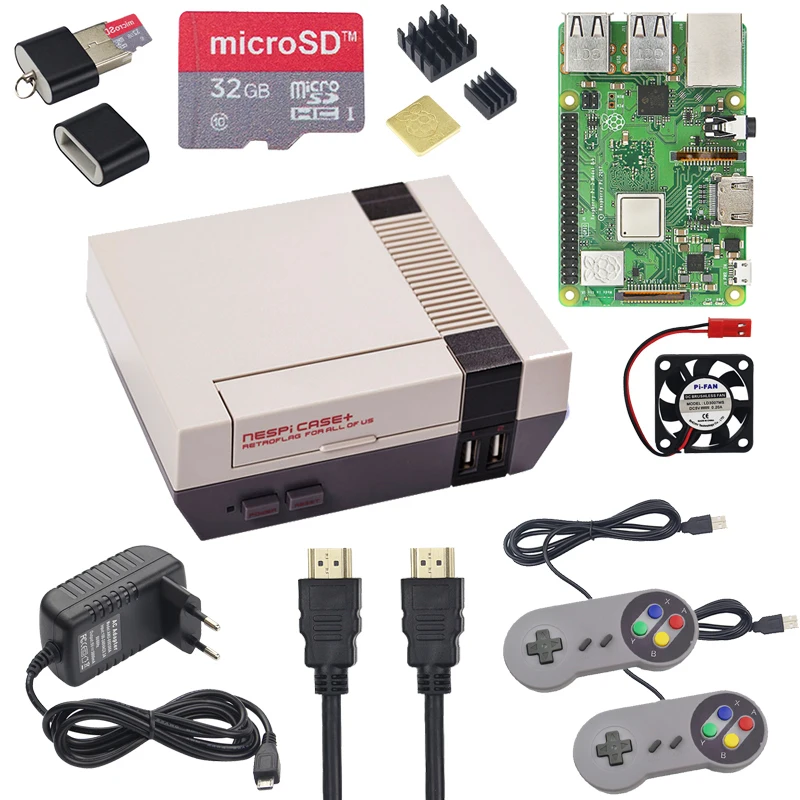 Чехол NESPi+ Raspberry Pi 3 Model B+ комплекты+ sd-карта 32 ГБ+ адаптер питания 3 А+ теплоотвод+ 2 геймпада для Retropie