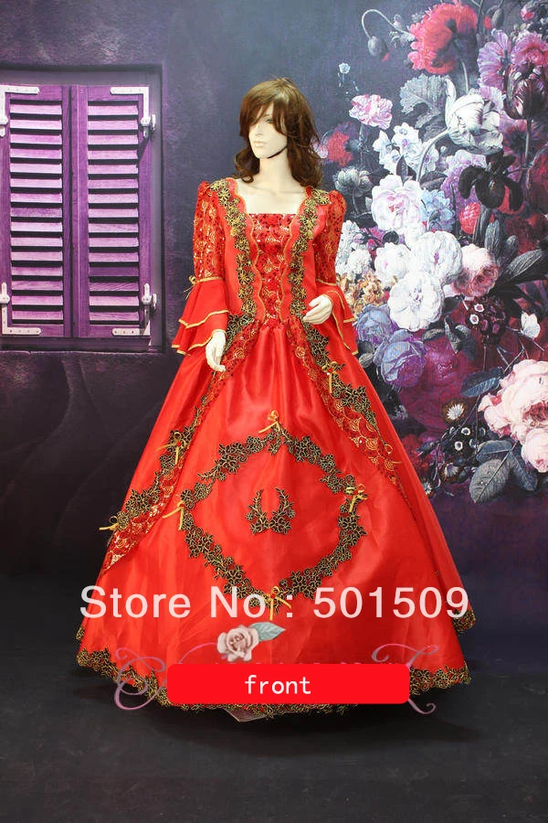 Красное средневековое роскошное платье с вышивкой эпохи Возрождения