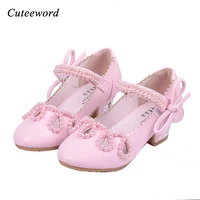 fashion new children shoes girls high heels princess shoes beaded girls party wedding kids bow tie dance shoes pink gold white