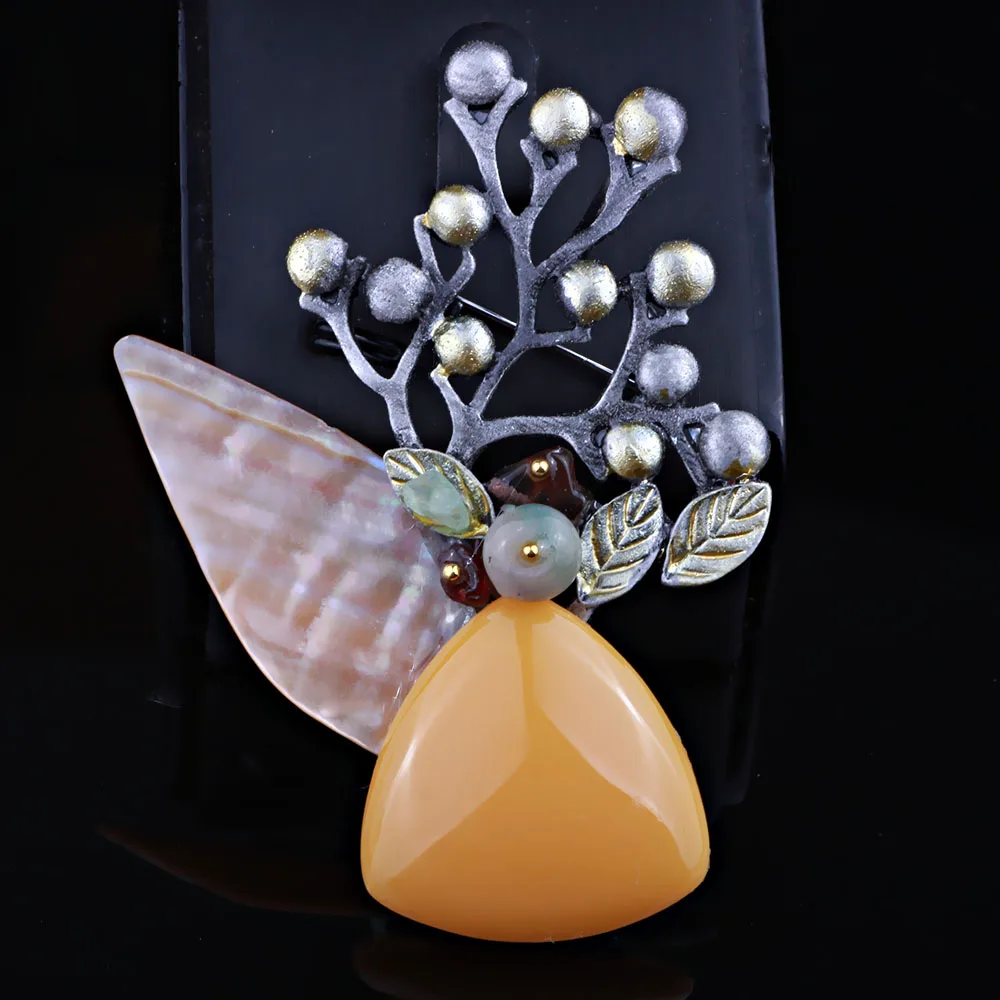 Handmade natural stone and shell brooches pins Vintage brooch for women | Украшения и аксессуары
