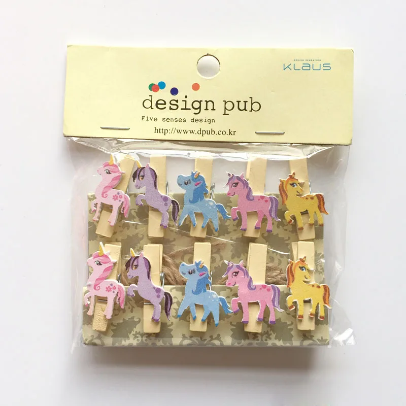 10 шт. деревянных зажимов для фотографий с изображением мультяшных единорогов, ручной работы, для декорирования на тему единорогов на детских праздниках и днях рождениях.