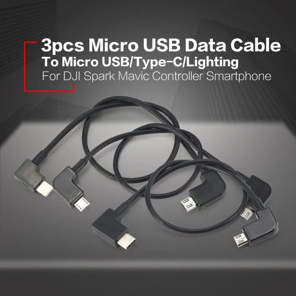 3 шт. Micro USB кабель для передачи данных линии для освещения/Тип C/Micro USB для DJI Spark Mavic Pro воздушный контроллер для смартфона