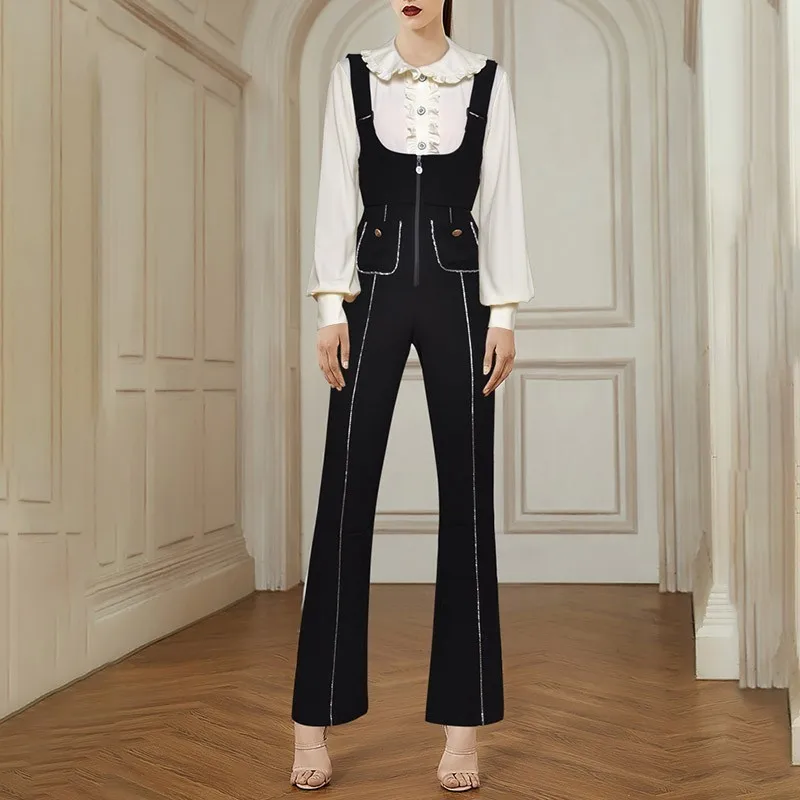 Black Jumpsuits TWOTWINSTYLE Осенние Комбинезоны для женщин хит цвет Тонкие штаны на подтяжках Высокая талия молния брюки клеш Женская мода - Цвет: Black Jumpsuits